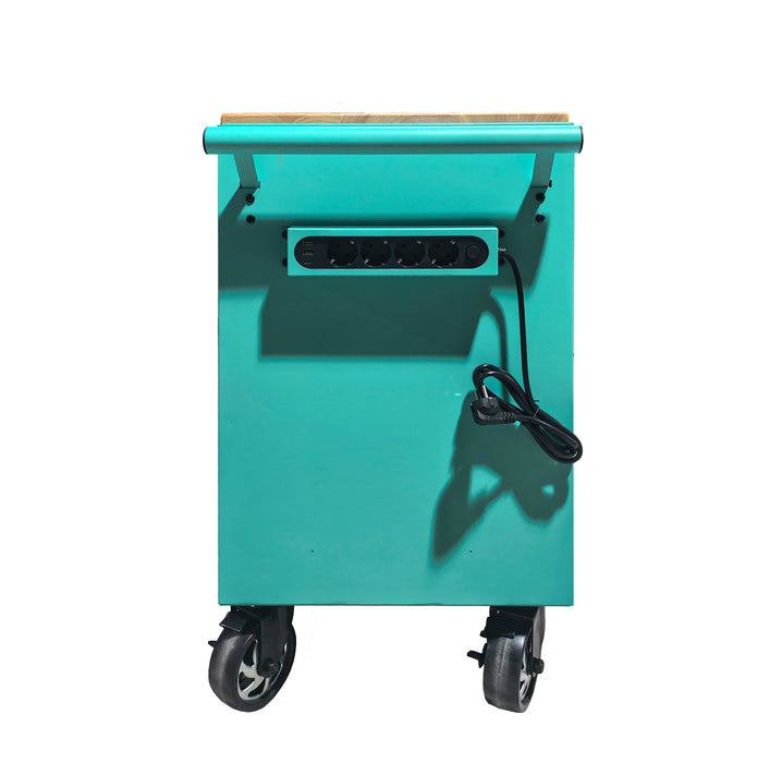 Barber Work Station 9 Drawer – Meuble Barbier avec 9 Tiroirs et Prises Intégrées – Turquoise