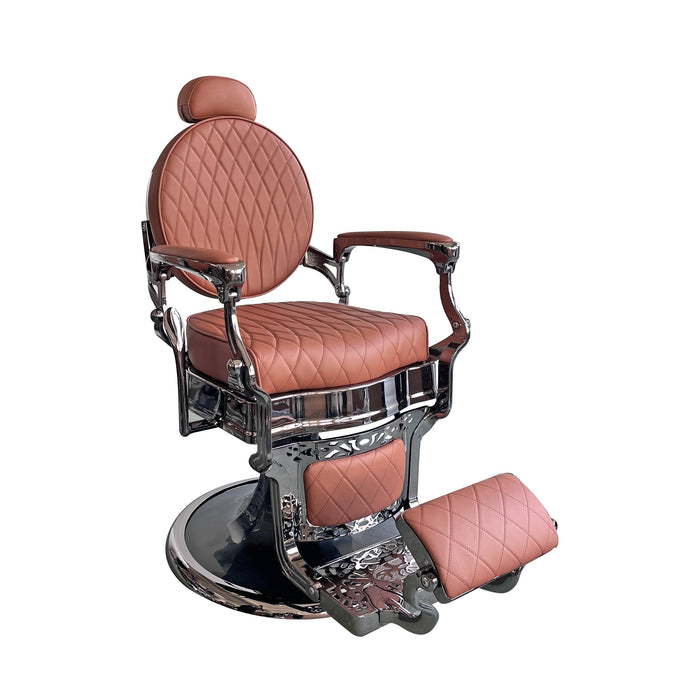 Fauteuil de barbier Diamond cognac et chrome noir, vue de trois-quarts