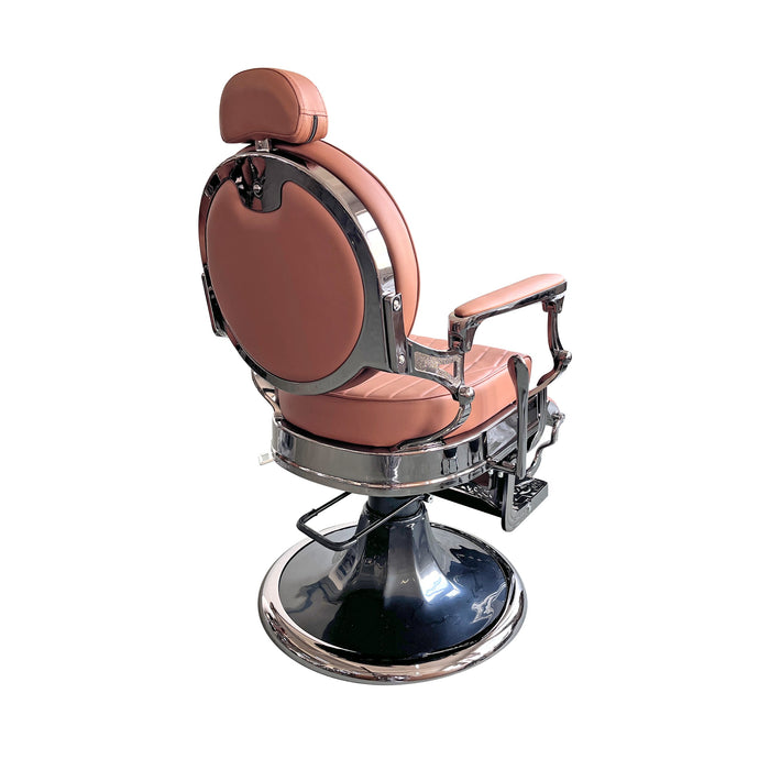 Fauteuil de barbier Diamond cognac, dos rond chromé vu de trois-quarts arrière