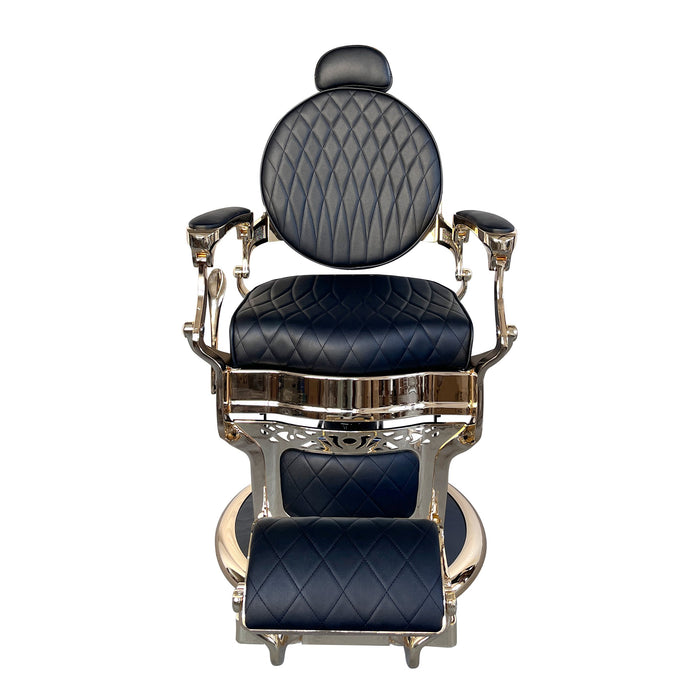 Fauteuil de barbier Diamond noir et or, vue de face avec repose-pieds