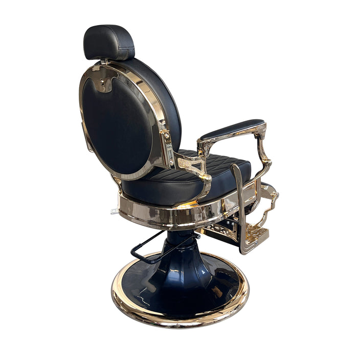 Fauteuil de barbier Diamond noir et or, dos rond doré vu de trois-quarts arrière