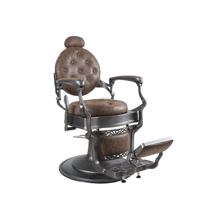 Fauteuil de barbier Hercules marron vintage et anthracite, capitonné, vue de trois-quarts