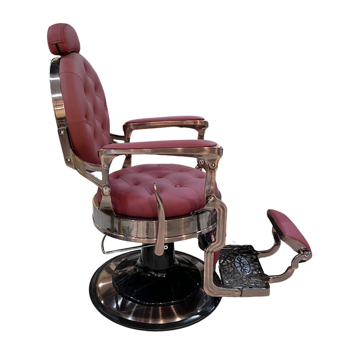 Fauteuil de barbier Red Prince bordeaux, vue de profil avec repose-pieds